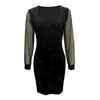 Lässige Kleider Frauen schwarz Glitzer Mini Kleid Nacken Langarm Mesh Patchwork Elegant eine Linie Herbstabend Party Dres