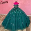 Vestidos de quinceanera verde esmeralda Vestido de pelota fuera del hombro Tul Tul Driques Hopfy Mexican Sweet 16 Vestidos 15 Anos