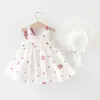 Mädchenkleider Sommer Baby Kleider koreanische süße Bogen rosa schulter ärmellose baumwolle Kleinkind Prinzessin Kleid+Sunhat Kids Kleidung BC010 D240423