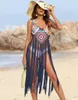 Kobiet bikini smock czysty hak ręczny nieregularny długi frędzle patchwork plaża seksowna sukienka w poślizgu