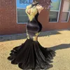 Vestidos de baile de veludo preto com renda dourada de renda da frente de sereia elegante vestido de noite 2024 comprimento do piso Plus Tamanho Black Girls Dress Dance Dary Birthday Party Distra