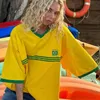 Summer Women Brazil Embroidery Yellow Tshirt Casual Loose Medium And Long Sleeves Y2k Clothing Tops Oversized T-shirt Beach Tees 240409