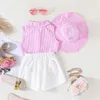 Clothing Sets 2-8Y Kids Girls Summer 3Pcs Striped Sleeveless Lapel Vest Shirts Bowknot Shorts Skirts Sun Hat Children Clothes