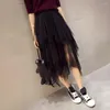 Saias saia longa saia midi com malha irregular hem hem elegante feminina tule de tule alta cintura elástica para streetwear