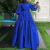 Casual Dresses Vonda Women Elegant Long Puff Sleeve Dress Maxi Party Sundress 2024 Fashion Ruffled Satin Stand Collar Solid Robe