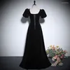 Party Dresses Classic French Elegant Velvet Square Collar Long Evening Dress Front Belt Diamond Design Backless Straps Robe Simple A-line