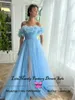 Feestjurken prachtige bloemen High Split Evening Long Light Blue Tule Pageant -jurk voor vrouwen Formele Vestidos de Fiesta