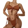 Frauen Badebekleidung Frauen Split Badeanzug Set Solid Color Bikini mit Rüschen Schnürhöpchen durchsichtige Mesh-Deckhöfe