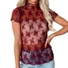 Damen T-Shirts Frauen Summer Spitze Blumen Tops Mesh bloße Kurzarm Mock Hals Schlanker Fit T-Shirt