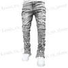 Jeans masculinos Novos calças de camuflações européias Men High Strt Slim Fit Stretch Patched Denim Ripped machos empilhados Jeans T240419