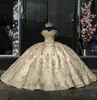 Luxurious gold princess quinceanera dresses ball gown off shoulder sparkly sequins lace vestido de quinceanera lace up back sweep train Sweet 15 Masquerade Dress