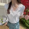 Blouses feminina Summer Puff Puff Manga curta Blusa de renda Tops casuais para moda Camisa de lantejoulas em vinhcia em V 2024