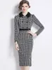 Lässige Kleider Frühling Vintage Houndstooth Office Ol Bodycon Kleid weibliche elegante Revers Longärzung Kleidung zur Arbeit Party Scheide Vestidos