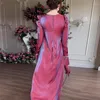 Casual Dresses 2024 Elegant O-hals Sparkling Glazed Satin Dress Women Sexig snörning Bälte Long Party Autumn Sleeve Muslim Maxi