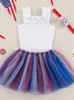 Independence American Day Baby Set Printed Letter Ruffle Lace Sans manches Sweetheart Mesh Princess Robe Hair Accessories