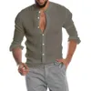 Pamuk keten erkek uzun kollu gömlek yaz düz renk stand-up yaka gündelik plaj stili artı 240418