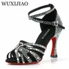 Chaussures de danse wuxijiao femmes strass latines Salsa à fond doux pour danse dames sandales de mariage pour femmes talons 7.5c