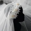 Hårklipp 2 Tier Vintage Women Wedding Veil Floral Lace Applique Imitation Pearl Rhineston