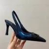 Metallisk spänne dekoration slingbacks pumpar spetsiga tår elastiska band remmar stilett klack sandaler kvinnor lyx designer lapptäcke denim skor kontor party skor