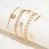 Chain Trendy Geometric Link Chain Bracelet Set For Women Rhinestones Gold Color Leaves Heart Pendant Open Cuff Bangle Girls Jewelry d240419