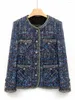 Kurtki damskie 2024 Spring Chic Wysokiej jakości niebieska kratkowa O-Neck Tweed Jacket Short Coat C699