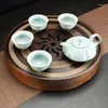 Tea Trays Ceramic Cups Teapot Set Round Plates Bamboo Wood Tray Hollow Sunflower Water Storage Dish Kung-Fu Gifts