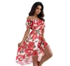 Casual Dresses Fashion Off-Neck Tube Top Rose Print Asymmetrical Ruffles Midjeklippning Kortärmad klänning Kvinna