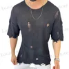 Men's T-Shirts Vintage Knitting T Shirts Men Summer Short Slve O Neck Fashion Ripped T Strtwear Mens Leisure Solid Color Knit Jumper Tops T240419