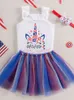 Independence American Day Baby Set Printed Letter Ruffle Lace Sleeveless Sweetheart Mesh Princess Dress Hair Accessories Set