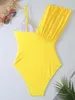 Kvinnors badkläder 2024 Solid Asymmetric Swimsuit Womeon One Piece Yellow Female Beachwear Bathers Bathing Swimming Swim Suit