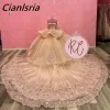 Champagne Crystal Beading Ruffles Ball Gown Quinceanera Dresses Illusion Applices Lace 3D Flowers Corset Vestidos de 15 Anos