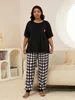 Women's Sleep Lounge Plus Size Womens Pajamas Set Scew Neck Plaid Love Print Summer Short Sleeves Sleepwear Drawstring Long Btoom Nightwear Clothes d240419