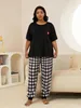 Kvinnors sömn lounge plus size womens pajamas set scew nacke plaid kärlek tryck sommar korta ärmar sömnkläder dragskon lång btoom nattkläder kläder d240419