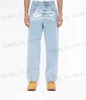 Mäns jeans American Luxury Mens Flying Dog Jeans Graphic Printed Y2K Pants Wide Len Loosen Fit Denim Clothing for Man T240419