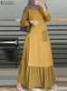 Etnische kleding Zanzea Fashion Grid Patchwork Moslimjurk Spring Lange Mouw O-Neck Sundress Femme Vintage Party Vestidos Dubai Turkije Robe D240419