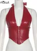 FQLWL Y2k Street Red PU Leather Tank Top Club Outfits Women Halter Laceup Crop Tops VNeck Singlebreasted Punk Camisole 240407
