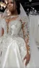 White Wedding Dresses Ivory Bridal Gowns A Line Floor-Length Applique Custom Zipper Lace Up Plus Size New Satin Beaded Long Sleeve Button One-Shoulder Crystal Split