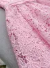 春の夏ピンクの花柄のレースパネルドレス半袖丸い首ベルトショートカジュアルドレスGL4A18
