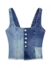 Women Fashion Front Button Patchwork Denim Tank Tops Sexy Backless Elastic Wide Straps Female Camis Mujer 240407