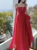 Signore estive signore solide sexy slip abito vacanza festa abito lungo donna bodycon elegante prendisole senza schienale boho rosso chiffon 240415