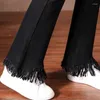 Kadınlar kot kalın ince kadife astarlı parlama pantolon kış püskül tasarım sıcak vaqueros trouserers orta bel peluş büyük boy kot broek