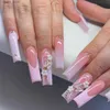 False Nails 24Pcs Long Ballet False Nails Full Cover Fake Nails with Rhinestone pink butterfly Design long Nail Tips Coffin Press on Nails Y240419