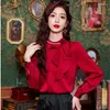 Frauenblusen 2024 Frühling elegant rote Satin Frauen Perlen Rüschen Bluse Langarm Mode koreanische Büro Damen Arbeit Hemd Grundfutter Frau
