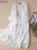 Основные повседневные платья Zanzea Женщины белое пляжное платье с твердым летним A-Line Half-рубашкой платья повседневная свободная карманная салата