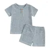 Set di abbigliamento per bambini bambini Summer a costini solidi o-bottone a bottone corta T-shirt tops elastico pantaloncini da spiaggia per la spiaggia