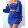 Two Piece Dress Women Knitted 3 Pieces Sets Long Sleeve Cardigan Sweater Strapless Crop Top High Waist Bodycon Skirt Drop Delivery App Otyuo