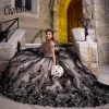 Black Sweetheart Ball Hown платье quinceanera для девочек с бисером для вечеринки по случаю дня рождения платья на выпускные платья 3d цветы vestido de 15 anos