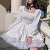 Günlük elbiseler uzun kollu lolita siyah elbise goth estetik puflu kol yüksek bel yüksek bel vintage bandaj dantel trim parti gotik kıyafetler kadın