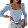 Women's Blouses T Shirt For Women Spring Top Low-cut Square Neck Solid Color Slim Fit Elastic Long Sleeve Bubble Lady Blouse Pullover