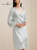 Damska odzież snu Kobiet Solidne długie rękawie francuski domek w dekolcie w dekolcie 16 mm jedwabna morska piżama sukienka 2024 Wiosna lato P41894QC